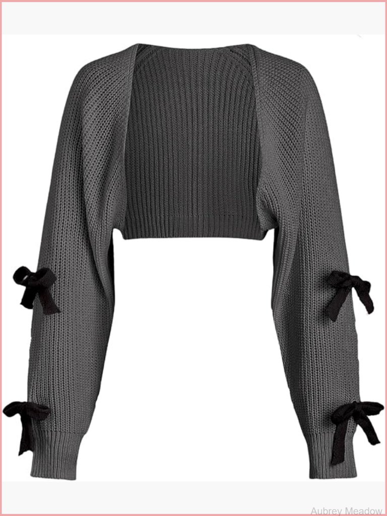 Cropped Knit Cardigan - Long Sleeve Bow Front Shrug